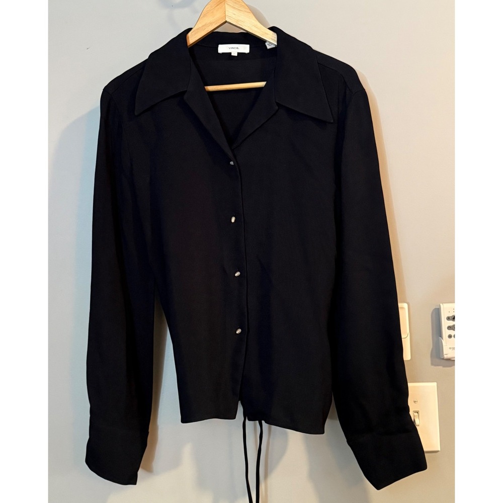 Vince Button Down Blouse Women 14 Black Rayon Tie Back Textured Pearl Button Top